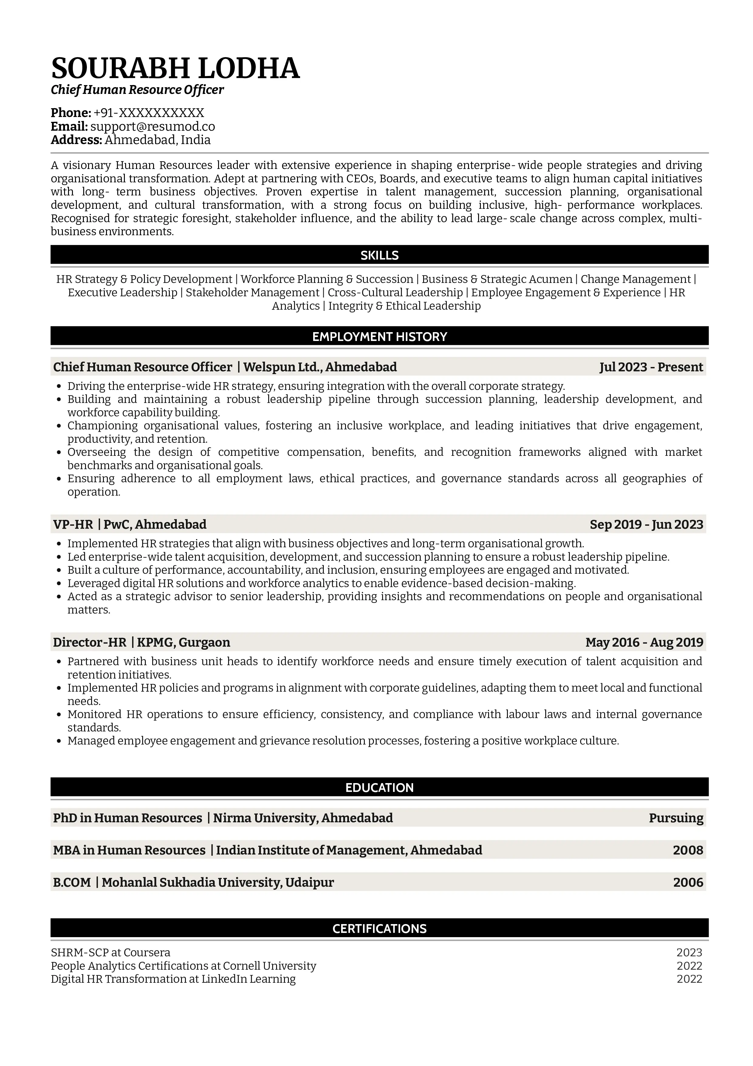 Sample Resume of Chief Human Resource Officer (CHRO) | Free Resume Templates & Samples on Resumod.co