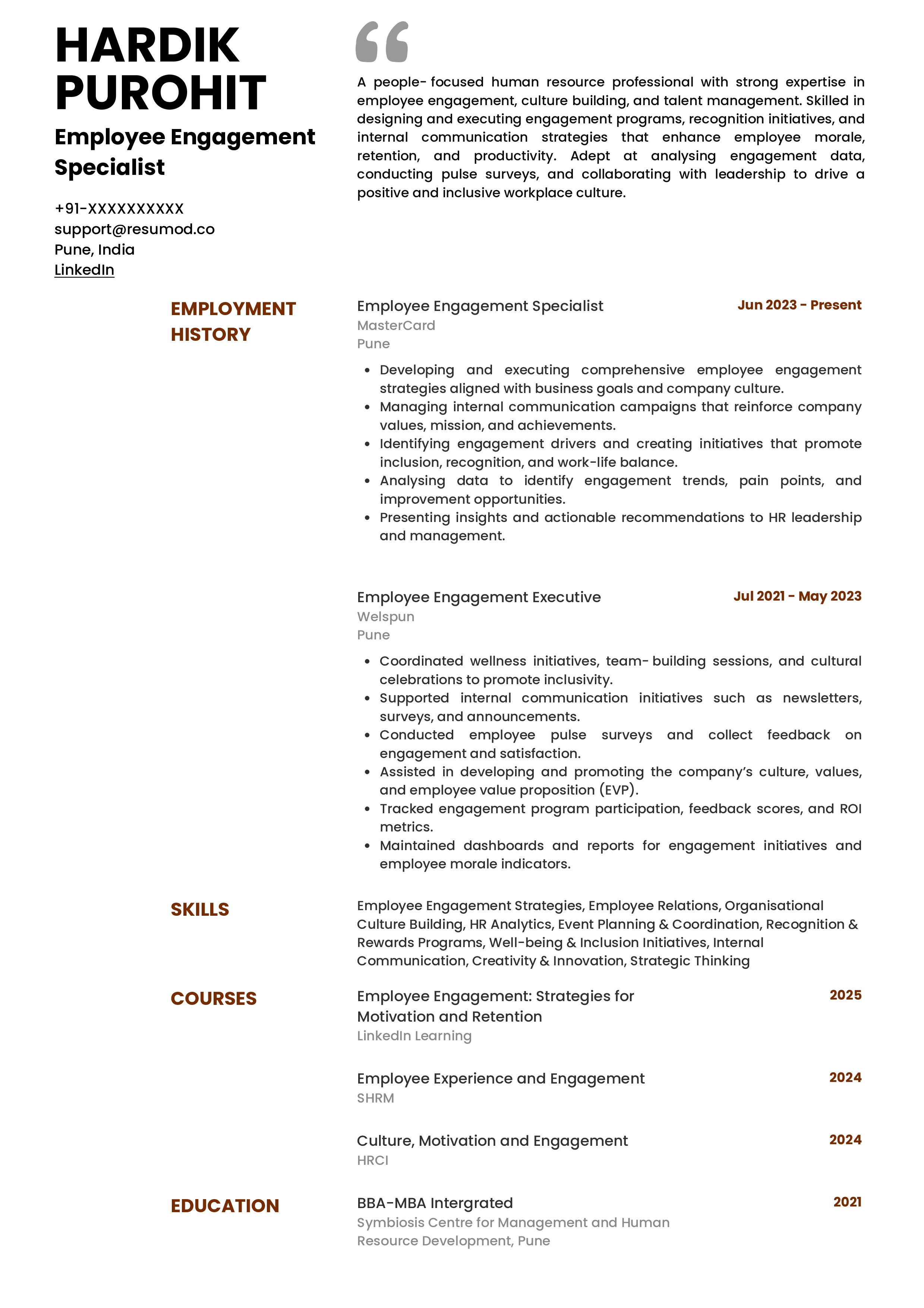 Sample Resume of Employee Engagement Specialist | Free Resume Templates & Samples on Resumod.co