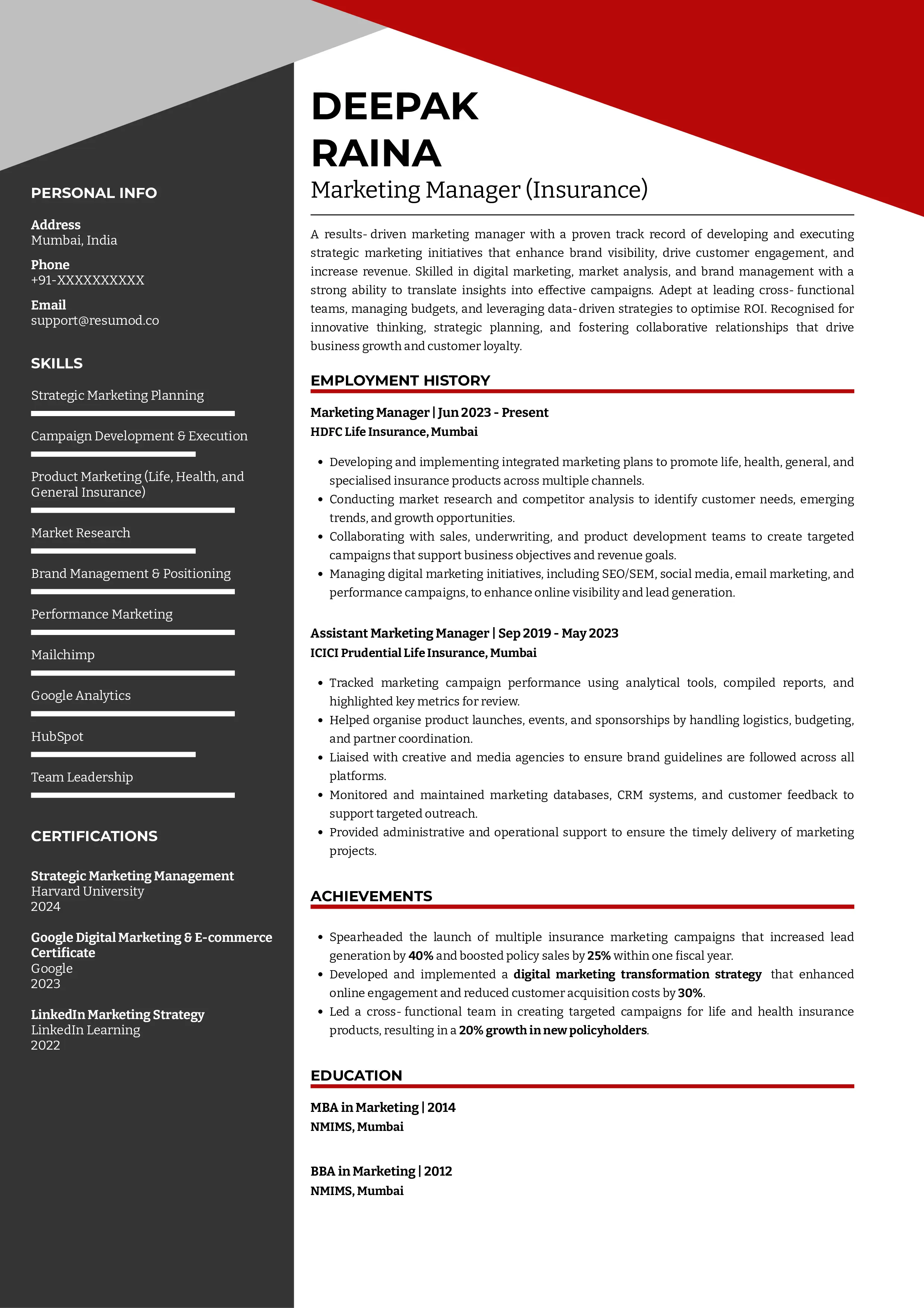 Sample Resume of Marketing Manager - Insurance | Free Resume Templates & Samples on Resumod.co