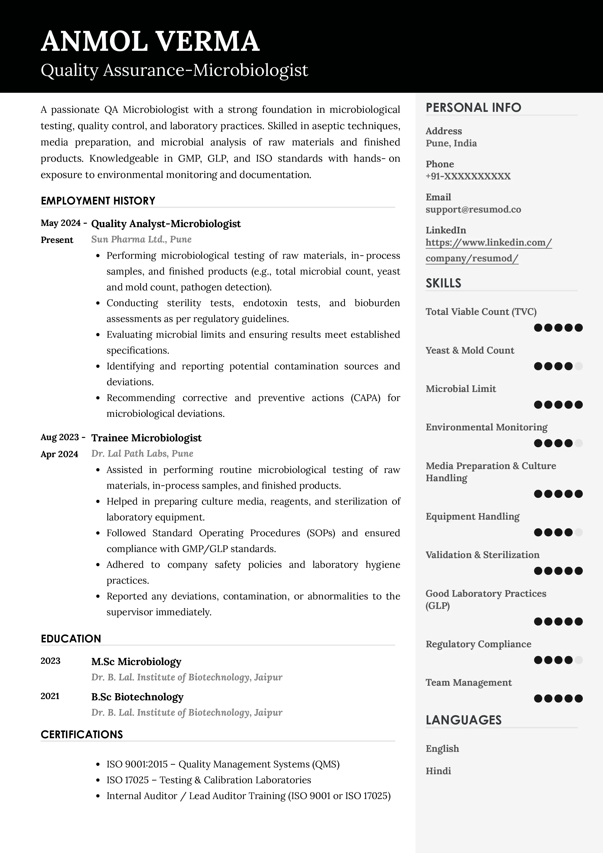 Sample Resume of Quality Assurance-Microbiologist | Free Resume Templates & Samples on Resumod.co