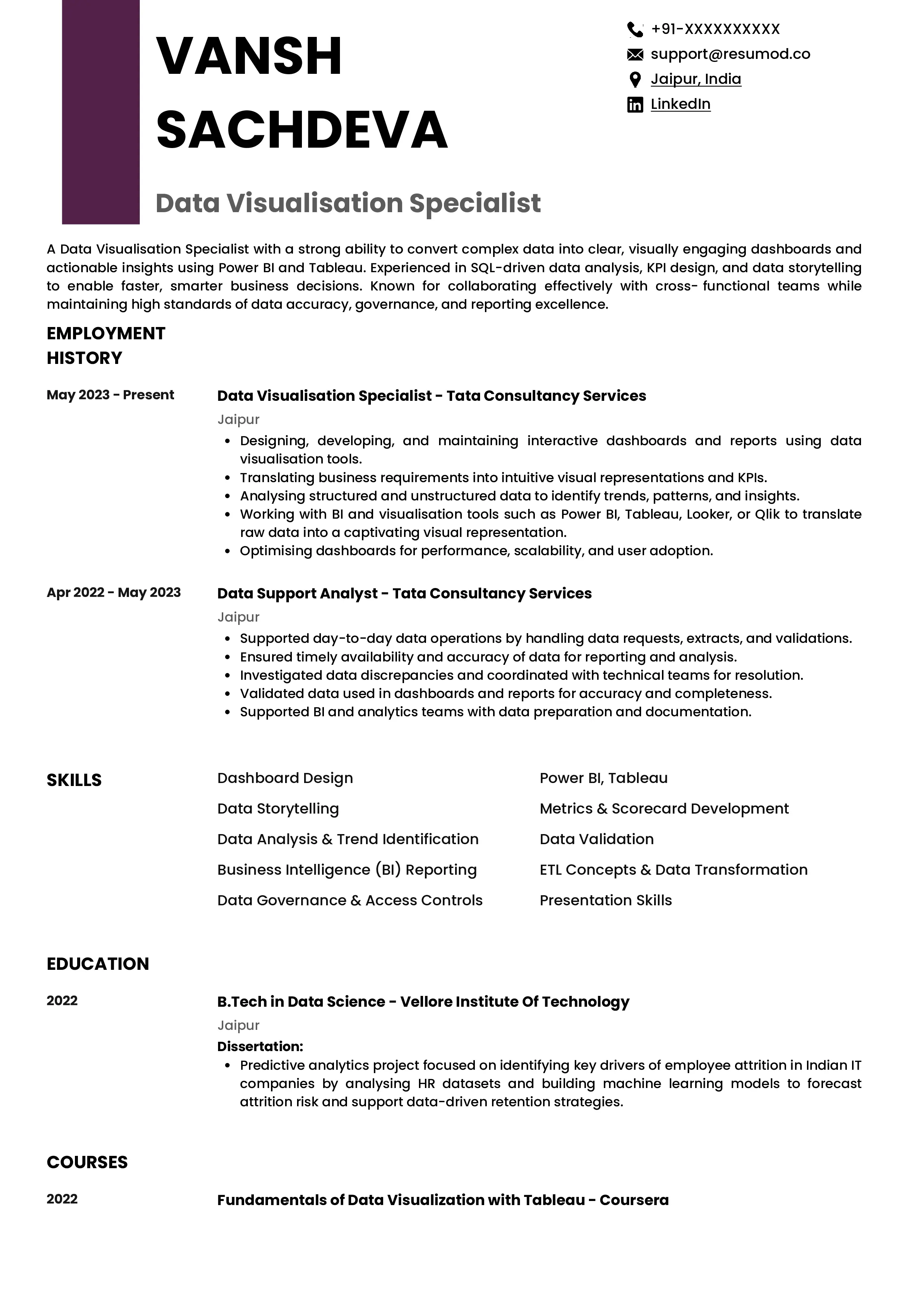 Sample Resume of Visualisation Specialist | Free Resume Templates & Samples on Resumod.co