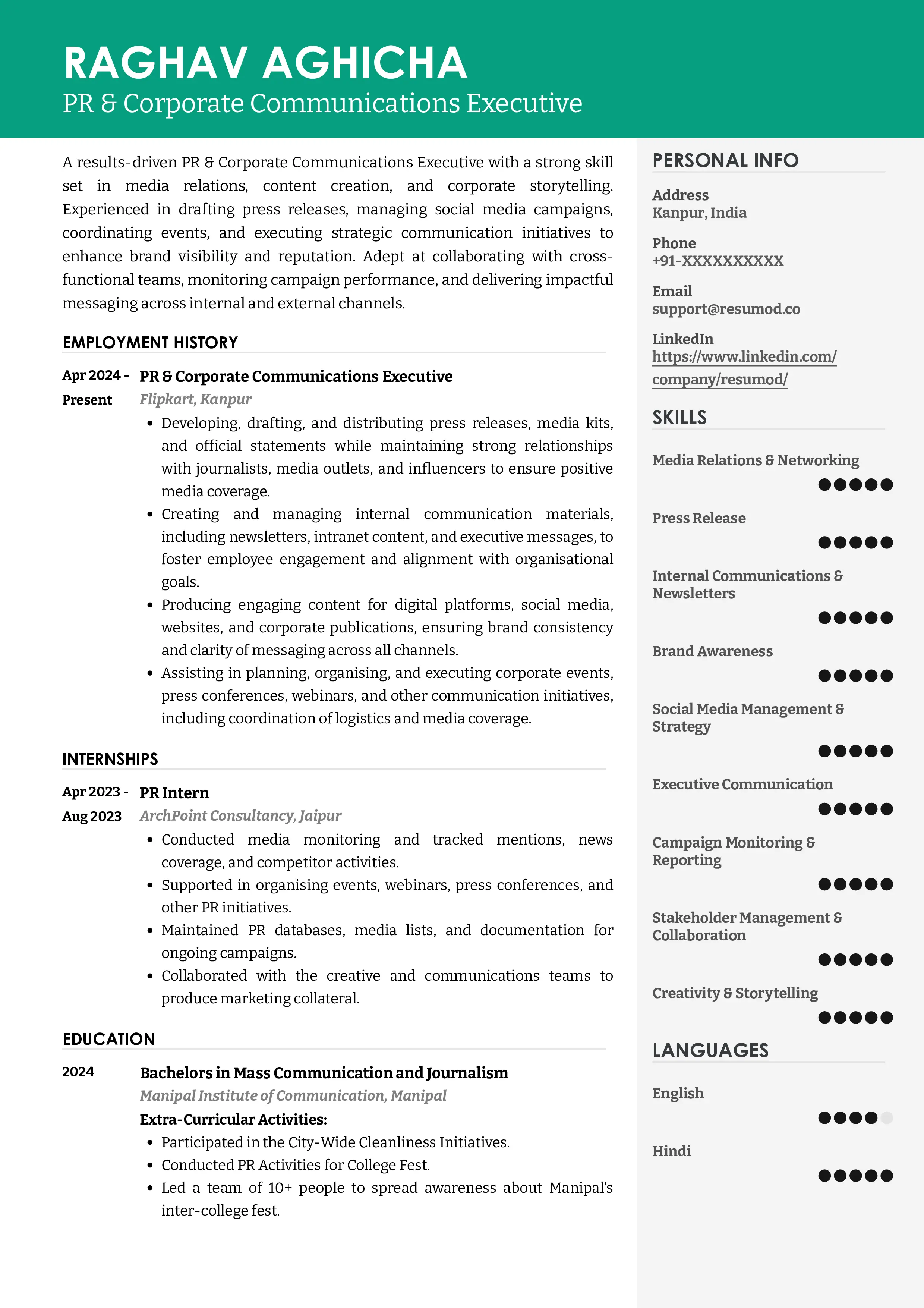 Sample Resume of PR & Corporate Communications Executive | Free Resume Templates & Samples on Resumod.co