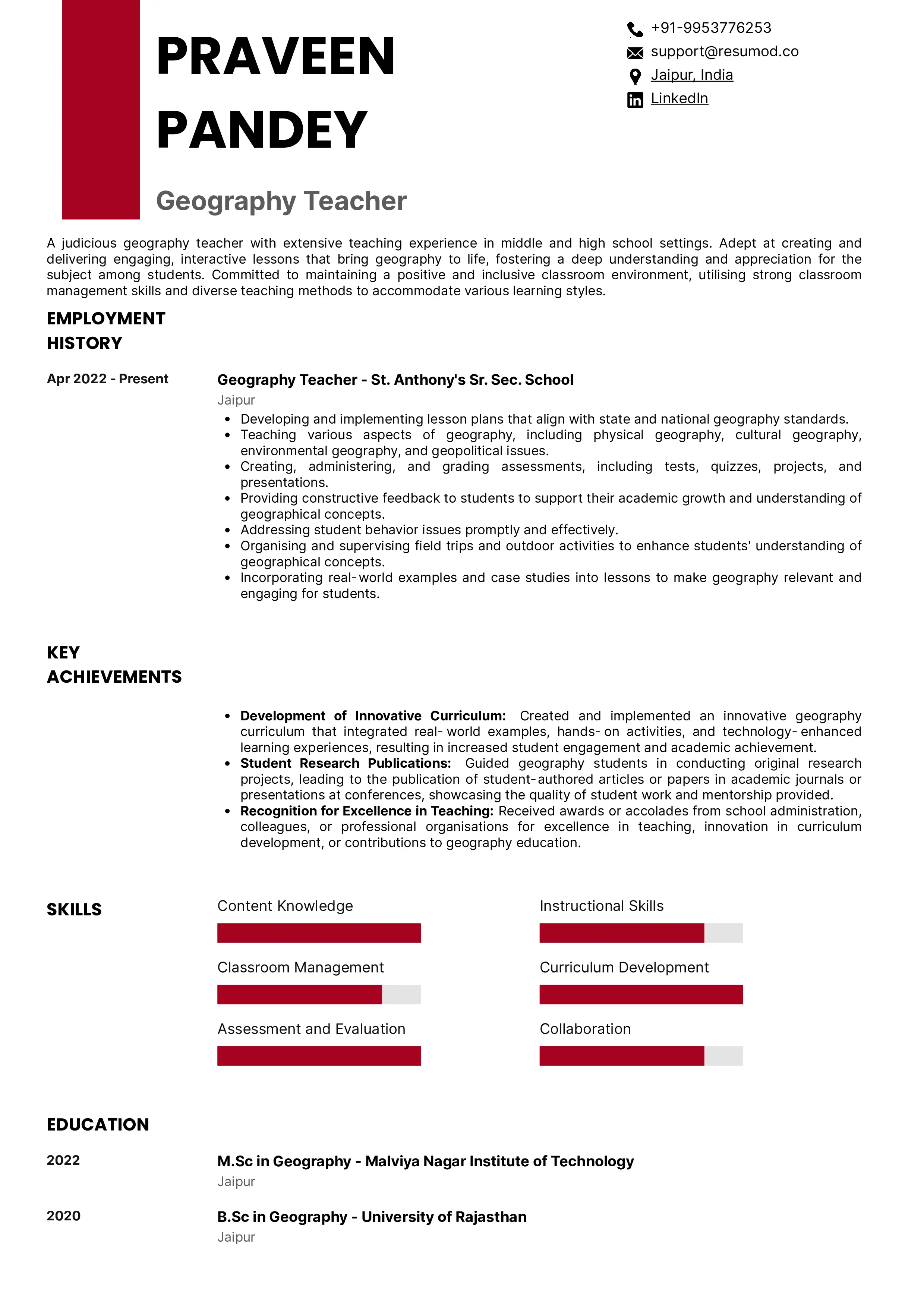 Sample Resume of Geography Teacher | Free Resume Templates & Samples on Resumod.co