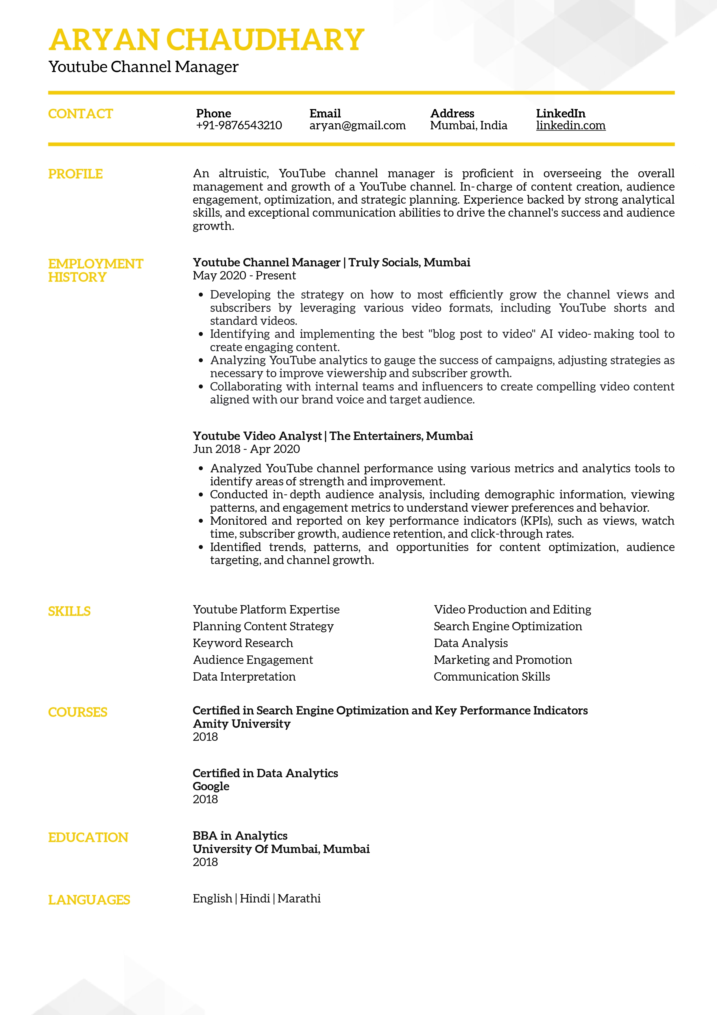 Sample Resume of Workforce Manager | Free Resume Templates & Samples on Resumod.co