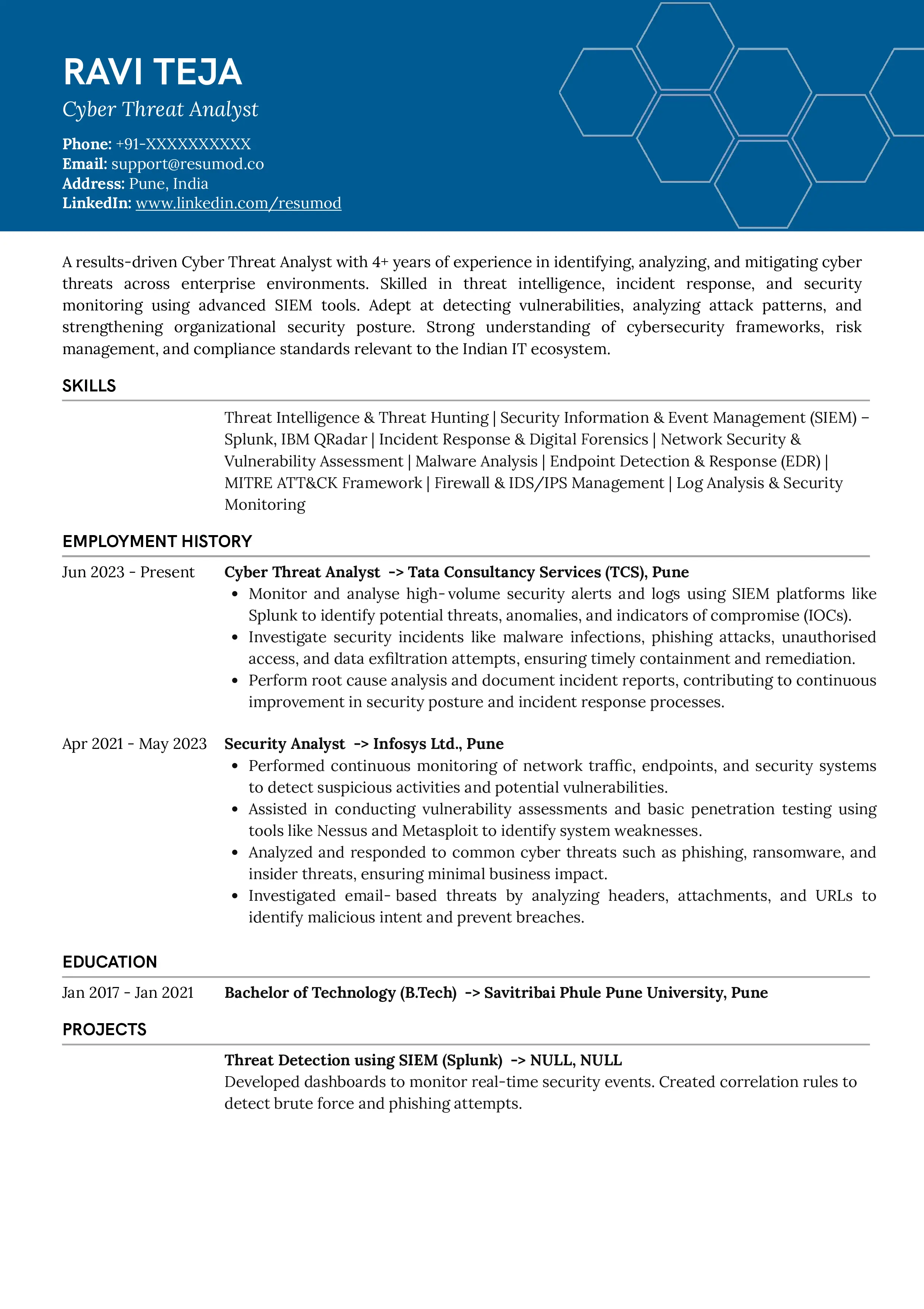 Sample Resume of Cyber Threat Analyst | Free Resume Templates & Samples on Resumod.co