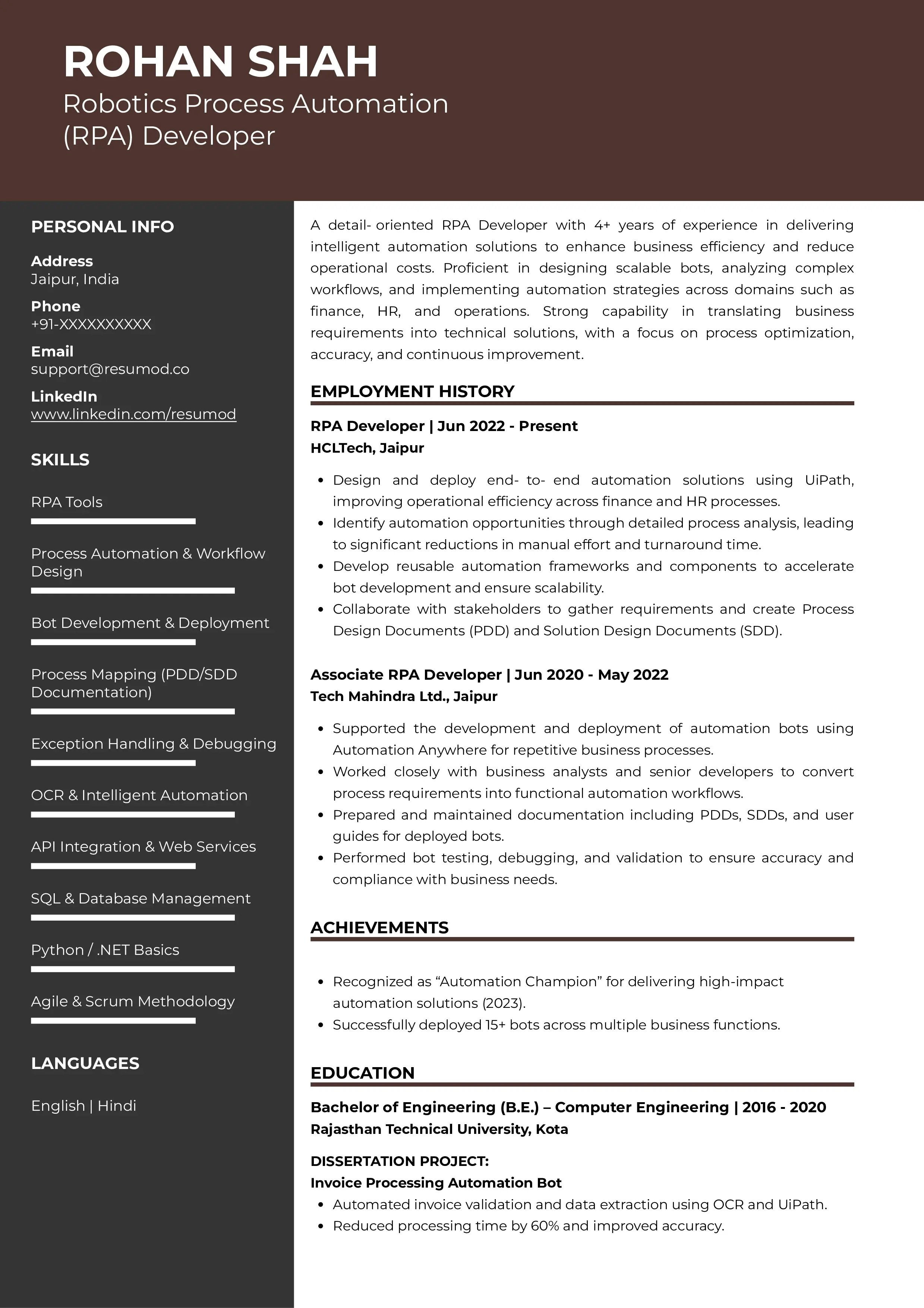 Sample Resume of Robotics Process Automation (RPA) Developer | Free Resume Templates & Samples on Resumod.co
