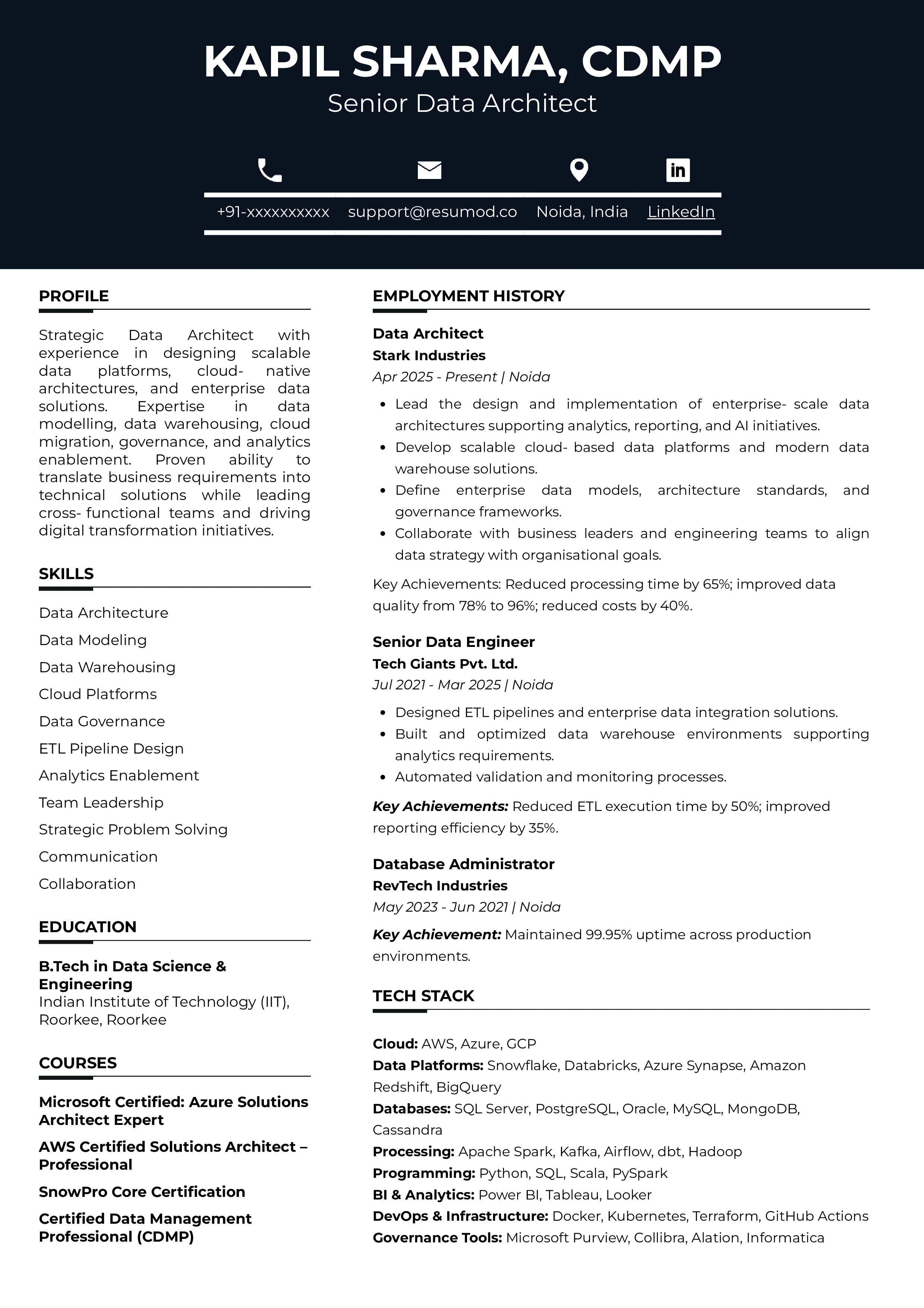 Sample Resume of Senior Data Architect | Free Resume Templates & Samples on Resumod.co