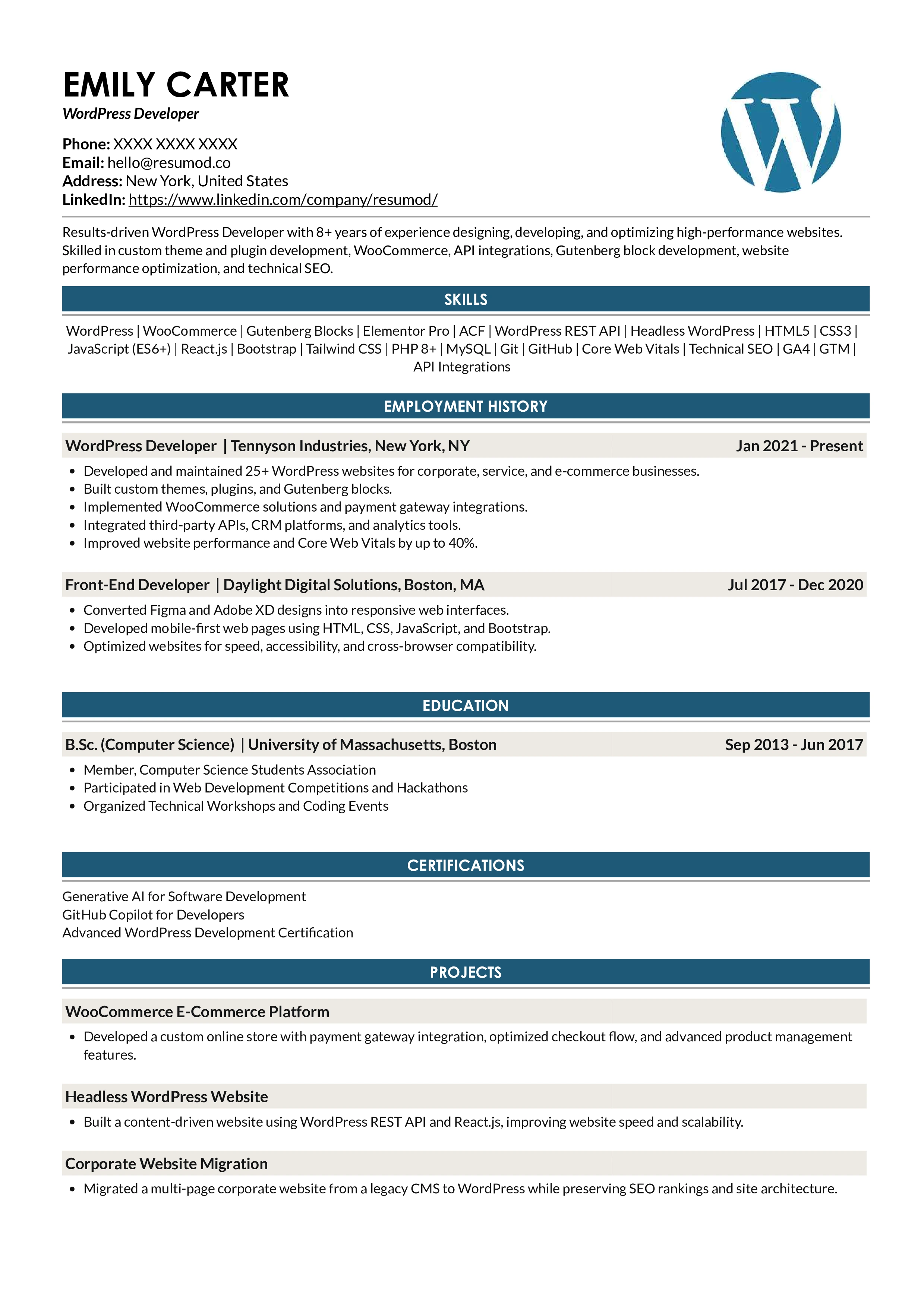 Sample Resume of WordPress Developer | Free Resume Templates & Samples on Resumod.co