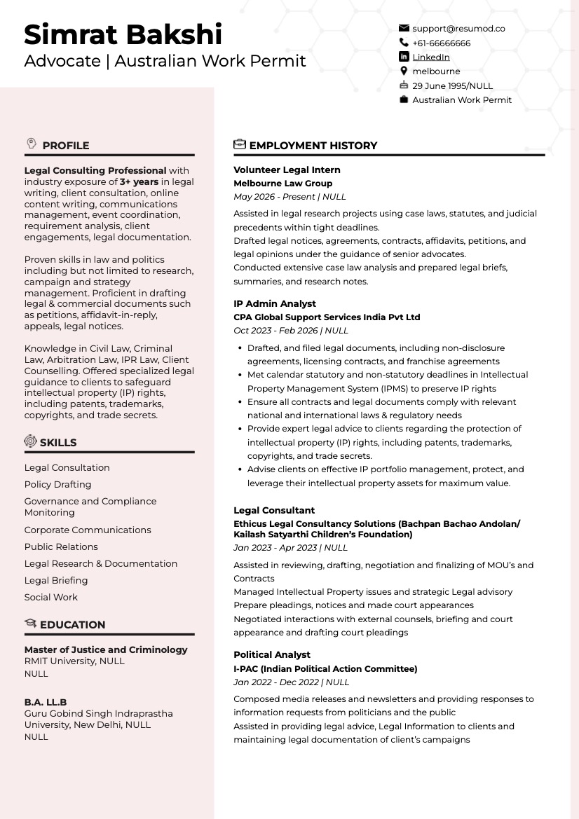 Sample Sample Resume of Lawyer | Legal CV | Australia | Free Resume Templates & Samples on Resumod.co