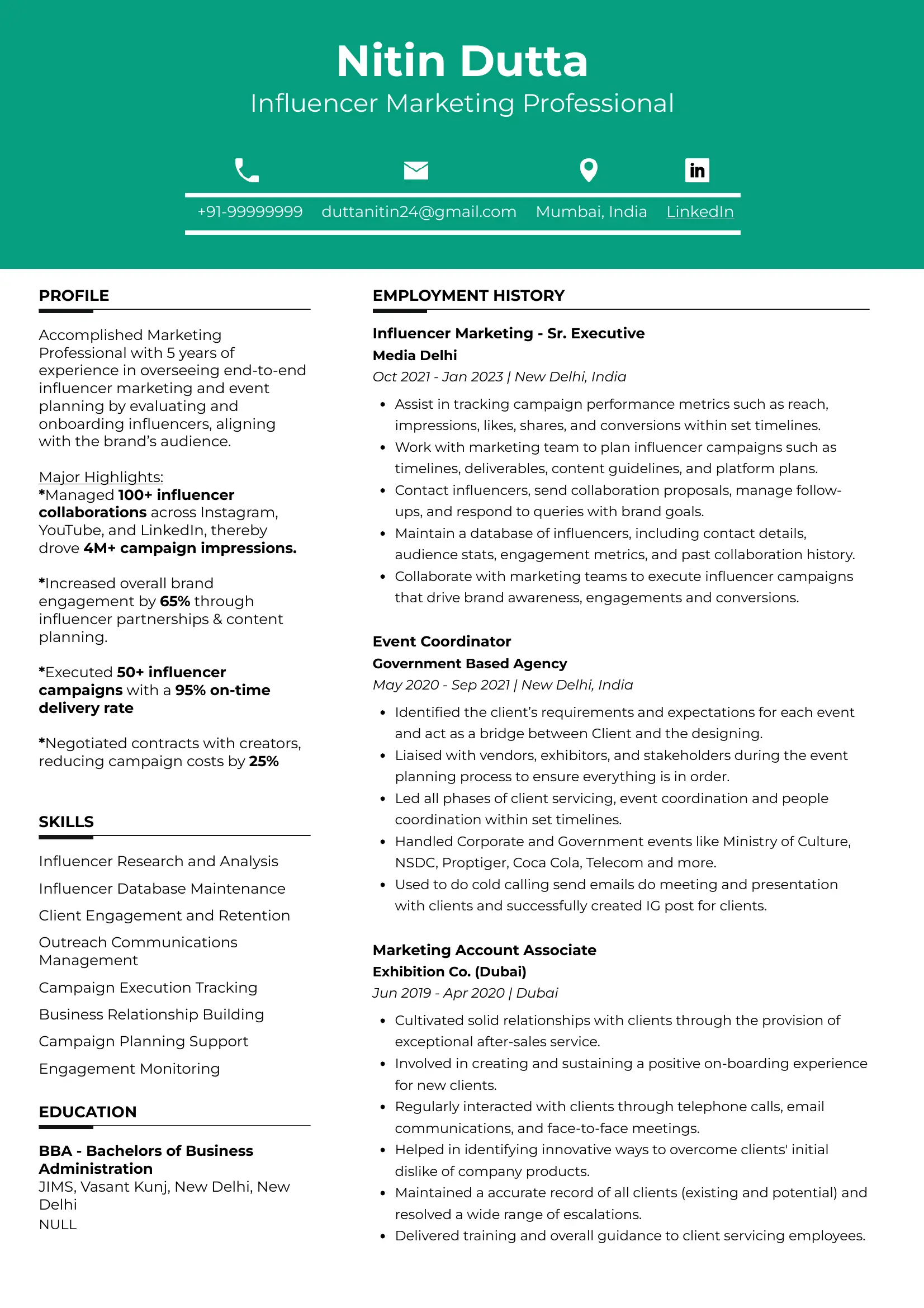 Sample Sample Resume of Influencer Marketing Professional | Free Resume Templates & Samples on Resumod.co