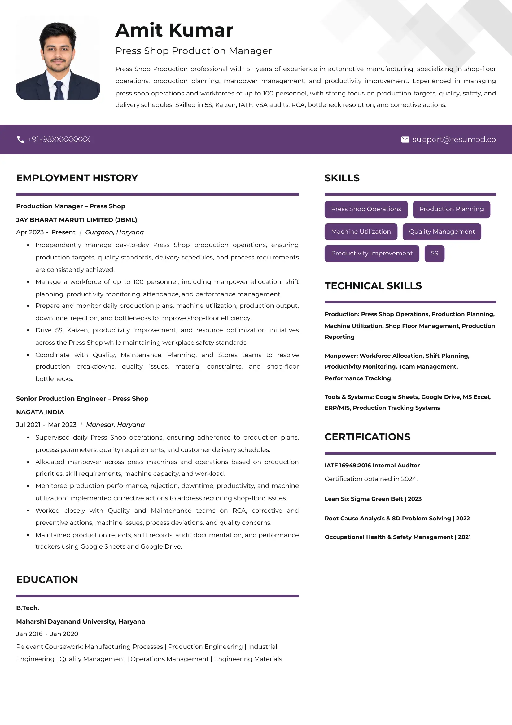 Sample Press Shop Production Manager | Free Resume Templates & Samples on Resumod.co