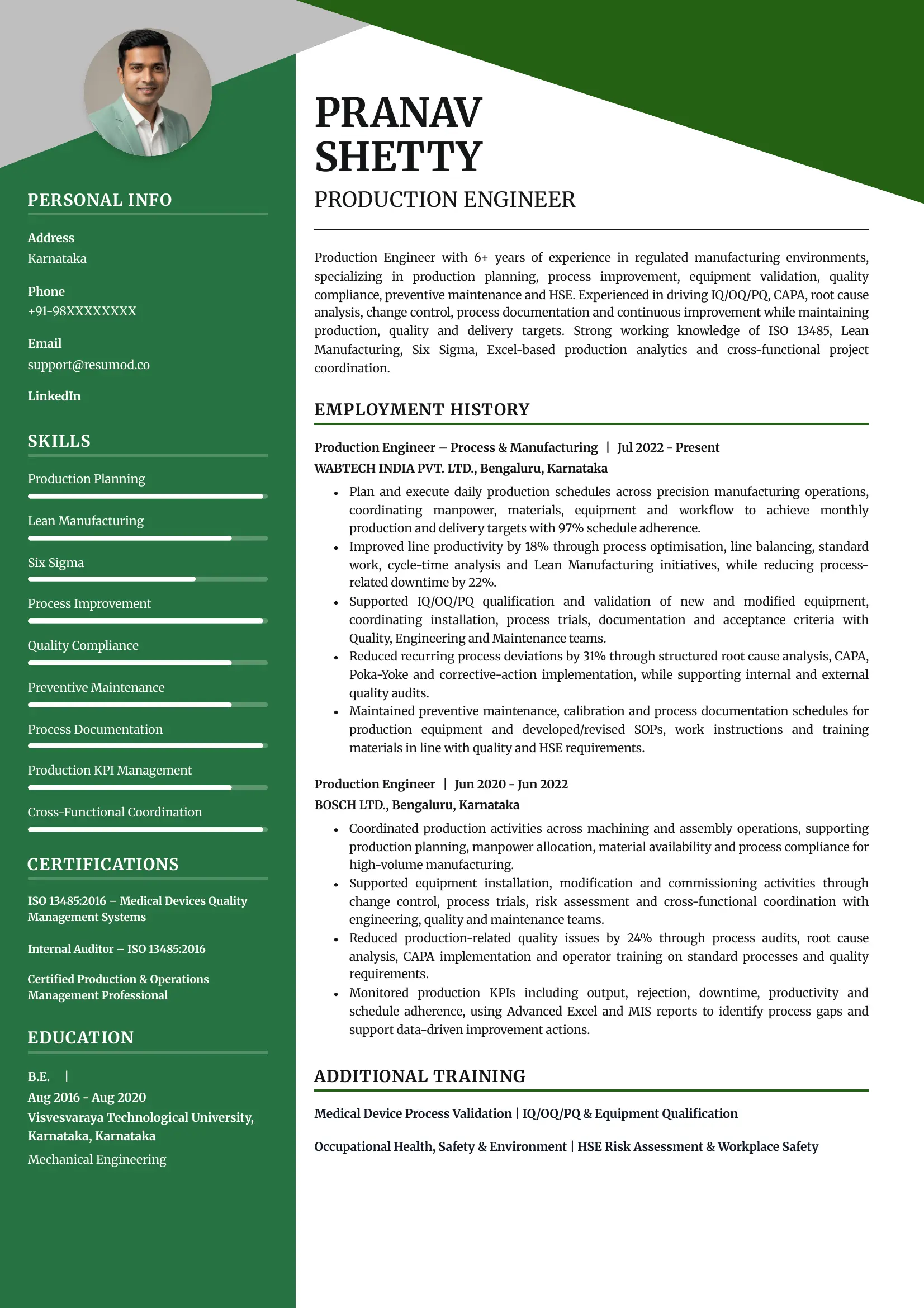 Sample Sample Resume of Production Engineer | Free Resume Templates & Samples on Resumod.co