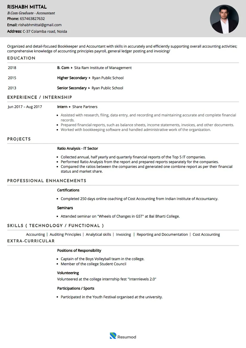 Sample Resume of Junior Accountant & Bookkeeper | Free Resume Templates & Samples on Resumod.co