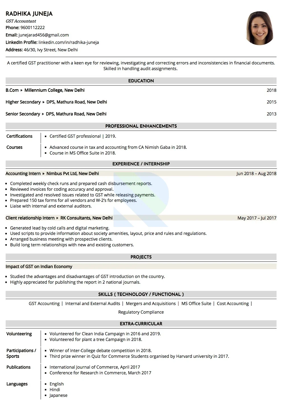 Sample Resume of GST Accountant  | Free Resume Templates & Samples on Resumod.co