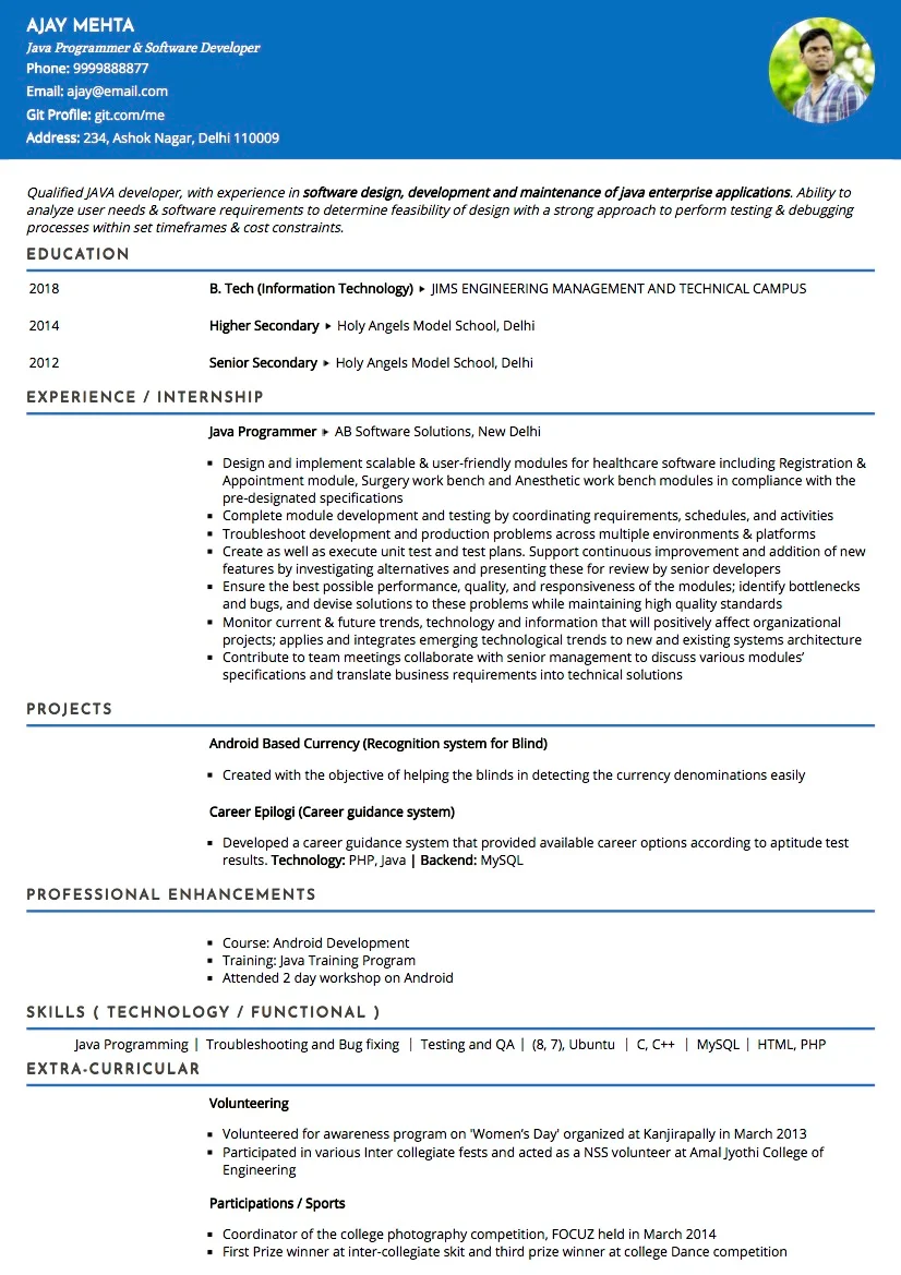 Sample Resume of Java Developer | Free Resume Templates & Samples on Resumod.co