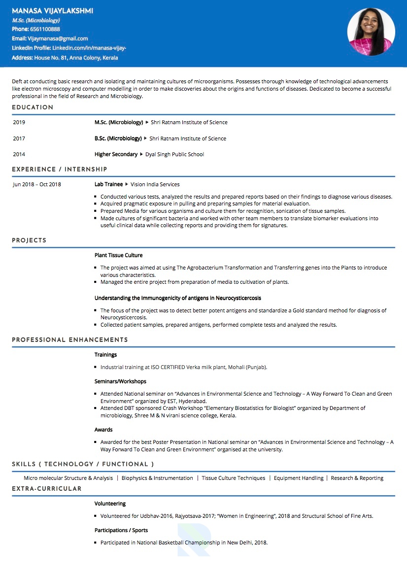 Sample Resume of Microbiologist | Free Resume Templates & Samples on Resumod.co