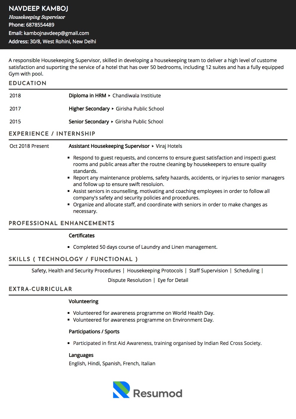 Resume of Housekeeping Supervisor 