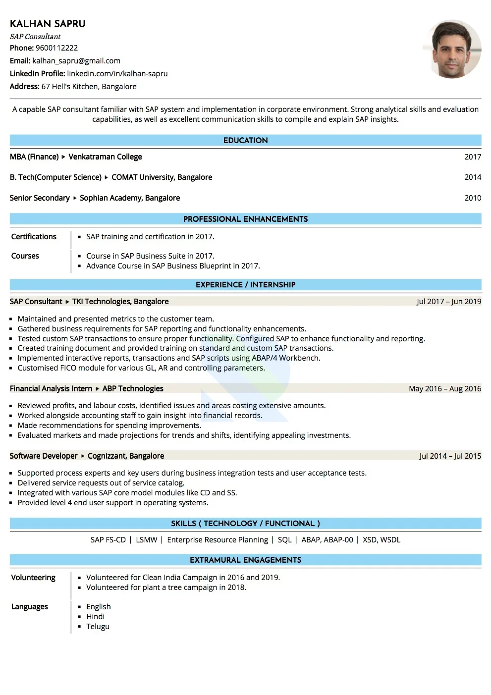 Sample Resume of SAP Consultant  | Free Resume Templates & Samples on Resumod.co