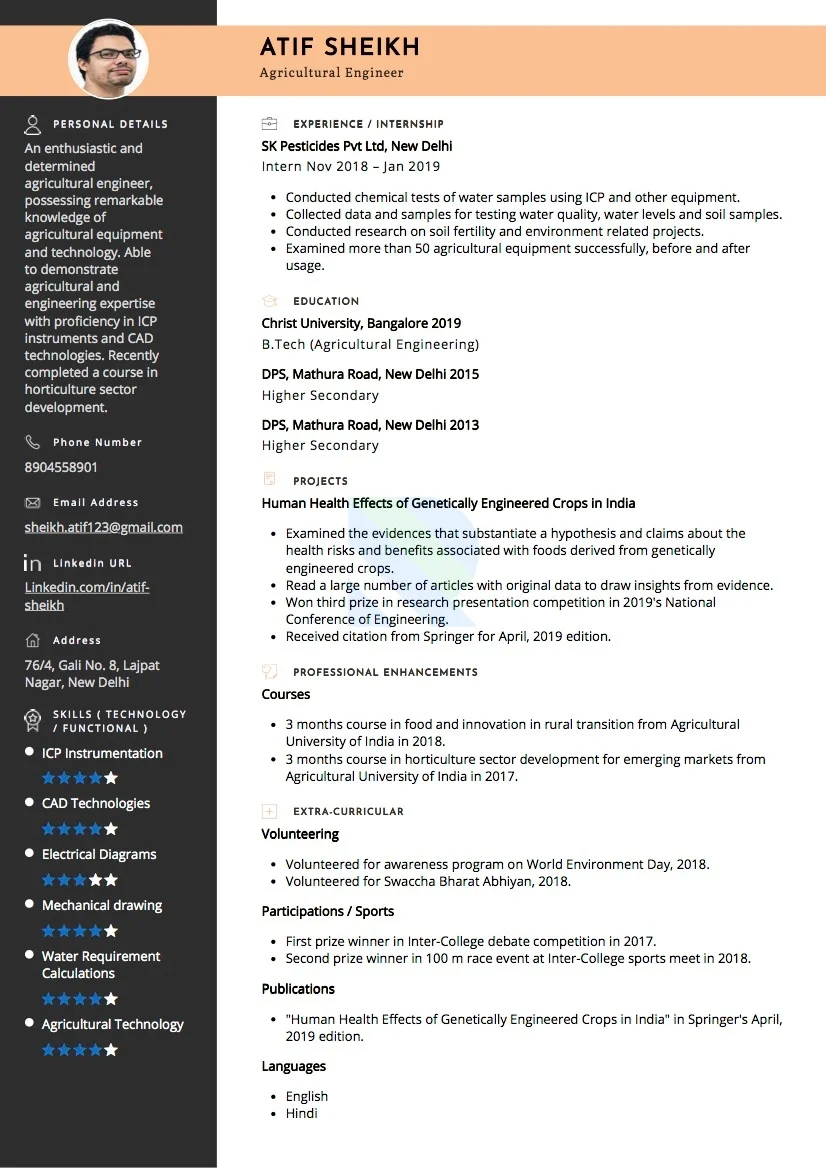Sample Resume of Agricultural Engineer | Free Resume Templates & Samples on Resumod.co