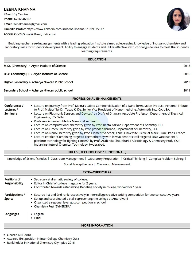 Sample Resume of Chemistry Teacher | Free Resume Templates & Samples on Resumod.co