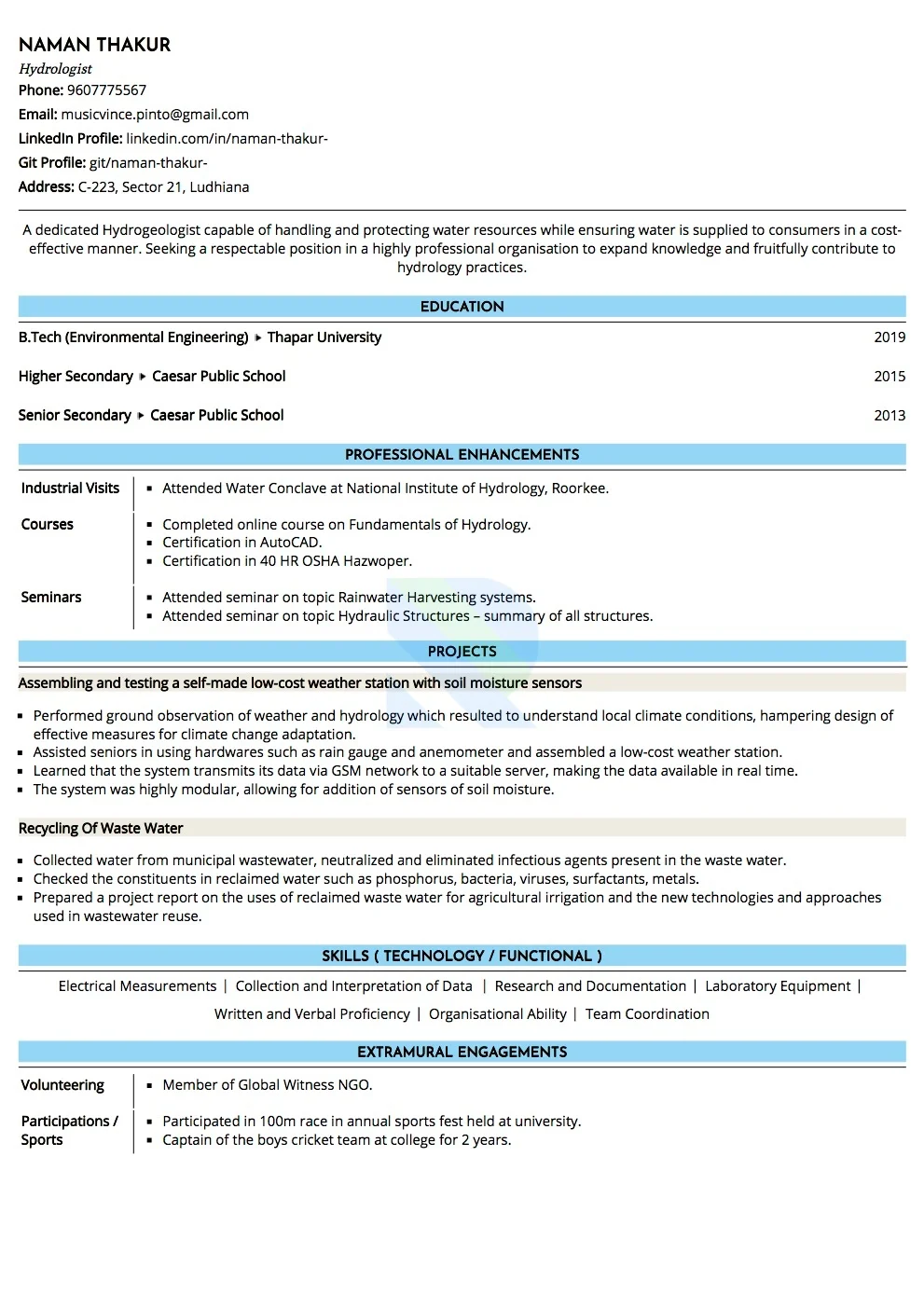 Sample Resume of Hydrologist | Free Resume Templates & Samples on Resumod.co