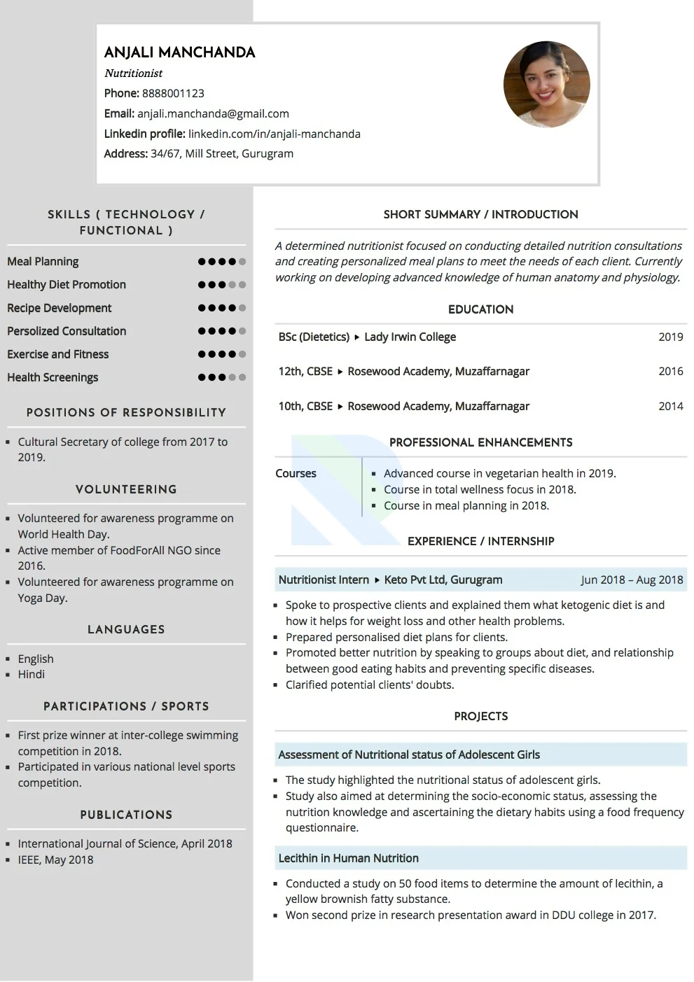 Sample Resume of Nutritionist  | Free Resume Templates & Samples on Resumod.co