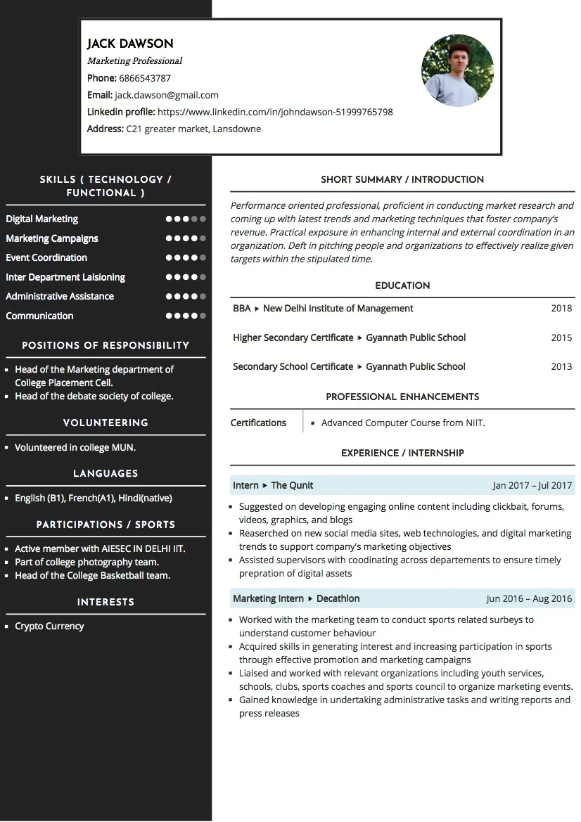 Sample Resume of Marketing Intern (BBA) | Free Resume Templates & Samples on Resumod.co