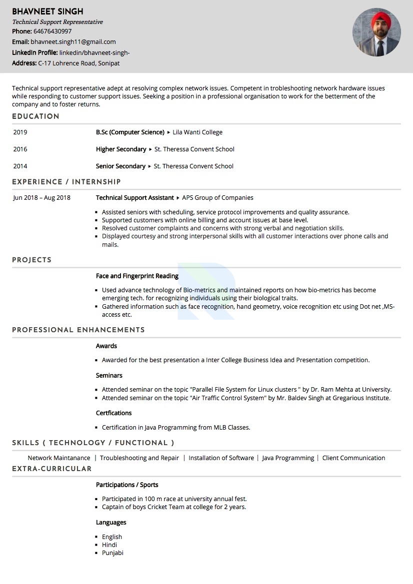 Sample Resume of Technical Support Engineer | Free Resume Templates & Samples on Resumod.co