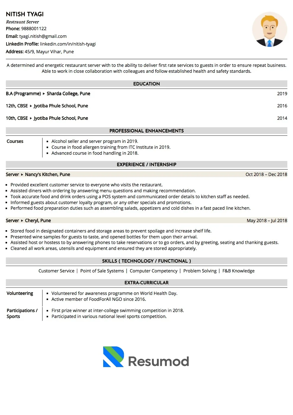 Sample Resume of Server  | Free Resume Templates & Samples on Resumod.co