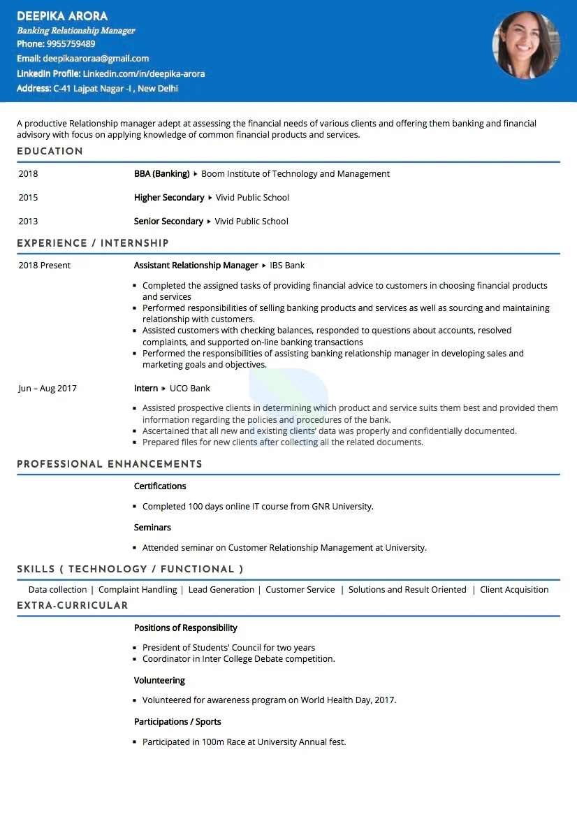 Sample Resume of Banking Relationship Manager | Free Resume Templates & Samples on Resumod.co
