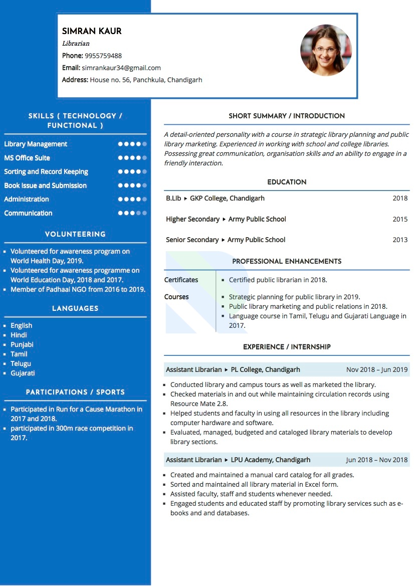 Sample Resume of Librarian | Free Resume Templates & Samples on Resumod.co