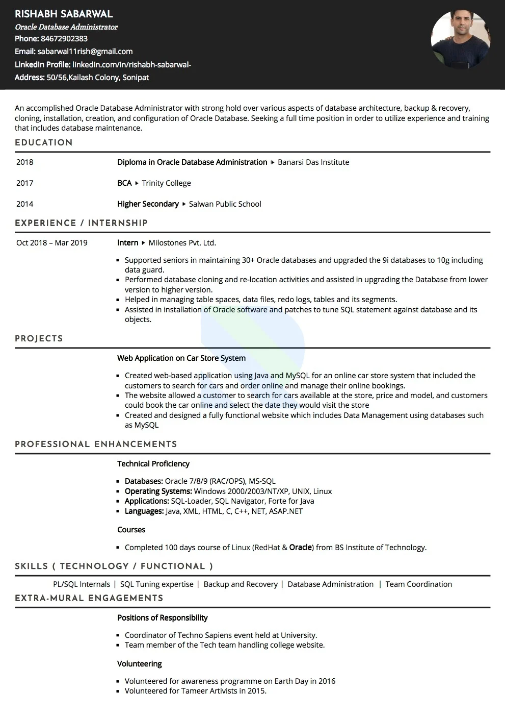 Sample Resume of Oracle DBA | Free Resume Templates & Samples on Resumod.co