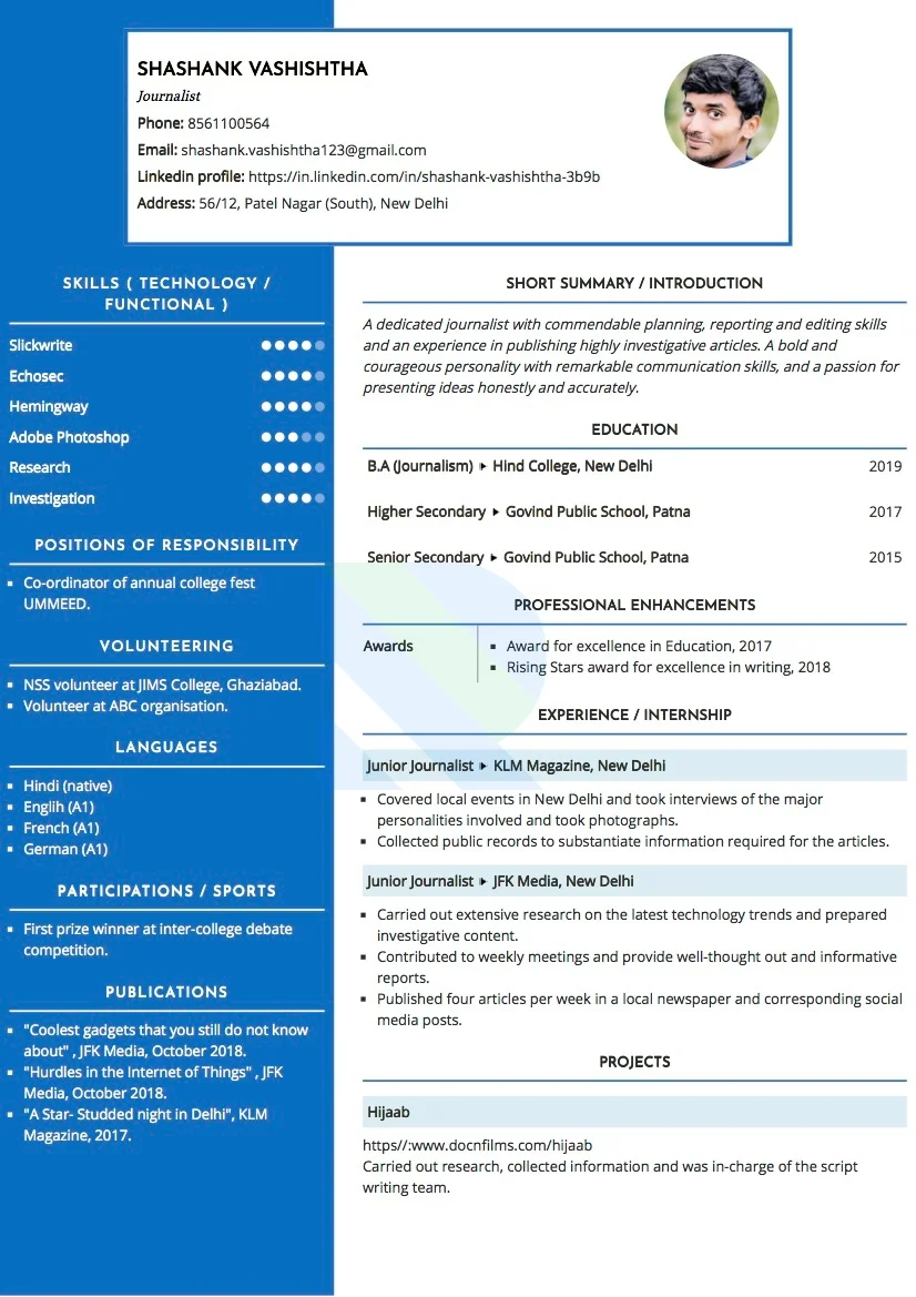 Sample Resume of BA Journalism Graduate | Free Resume Templates & Samples on Resumod.co