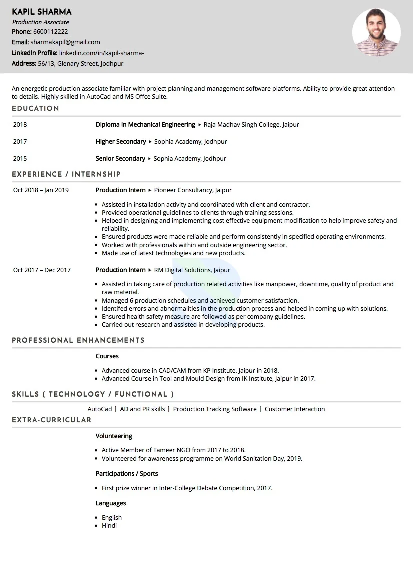 Sample Resume of Production Engineer | Free Resume Templates & Samples on Resumod.co