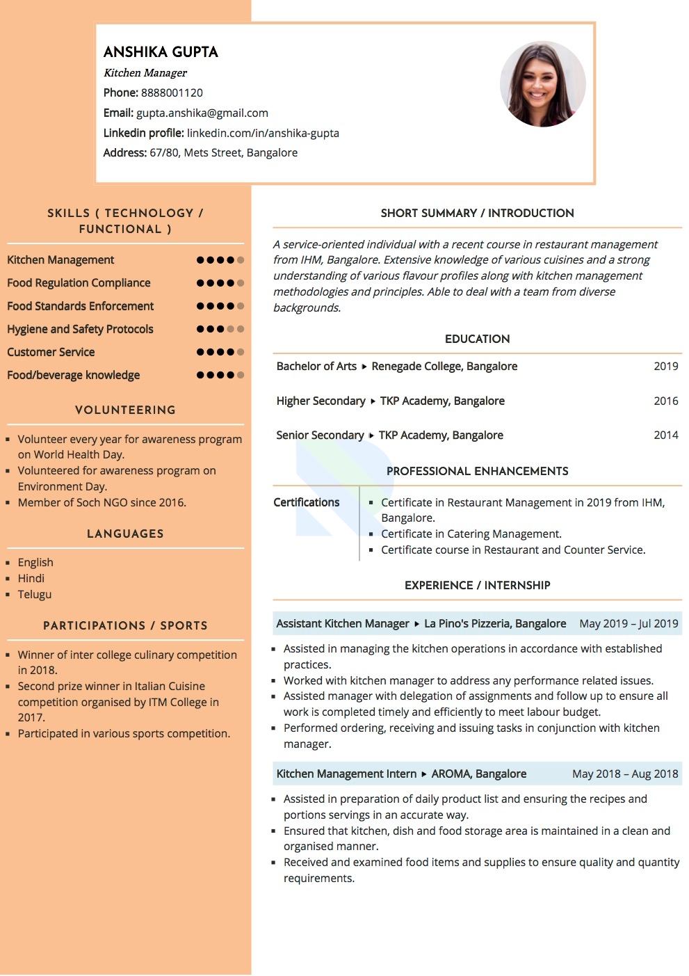 Sample Resume of Kitchen Manager | Free Resume Templates & Samples on Resumod.co