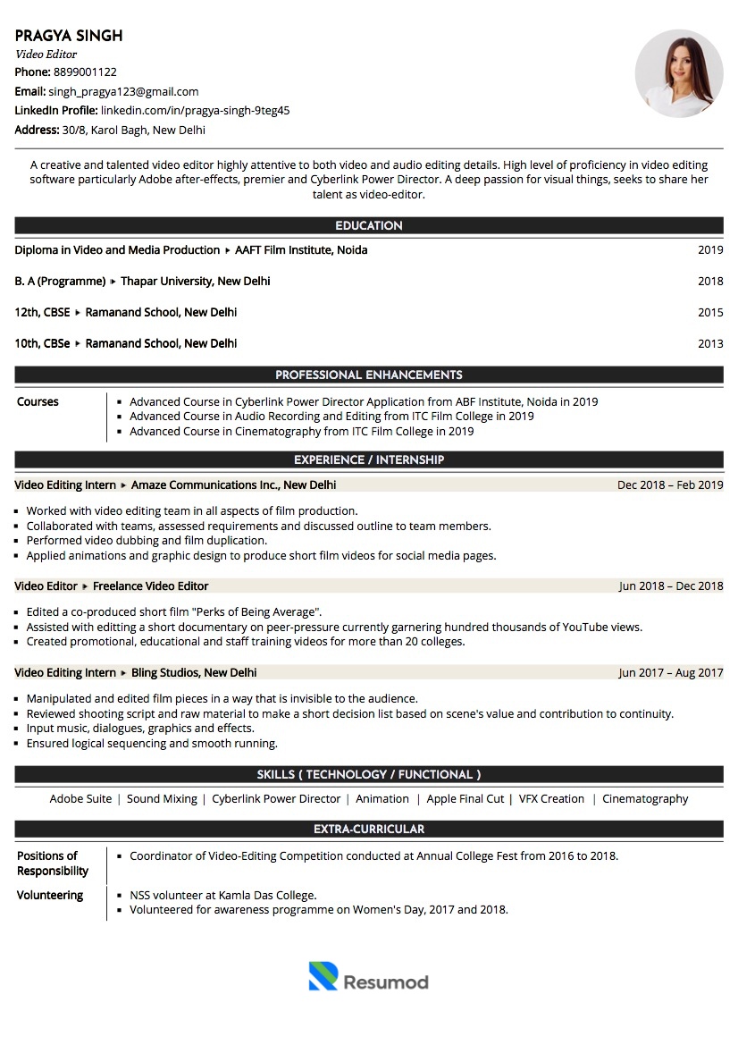 Sample Resume of Professional Media Video Editor | Free Resume Templates & Samples on Resumod.co