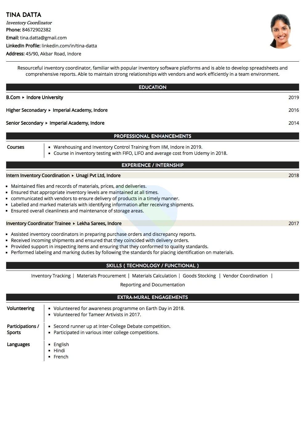 Sample Resume of Inventory Coordinator  | Free Resume Templates & Samples on Resumod.co