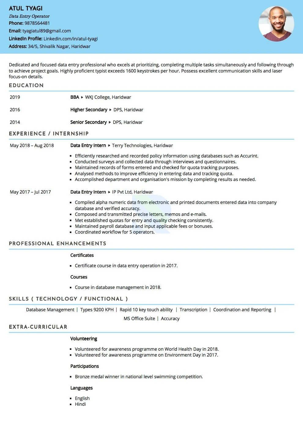 Sample Resume of Data Entry Operator  | Free Resume Templates & Samples on Resumod.co
