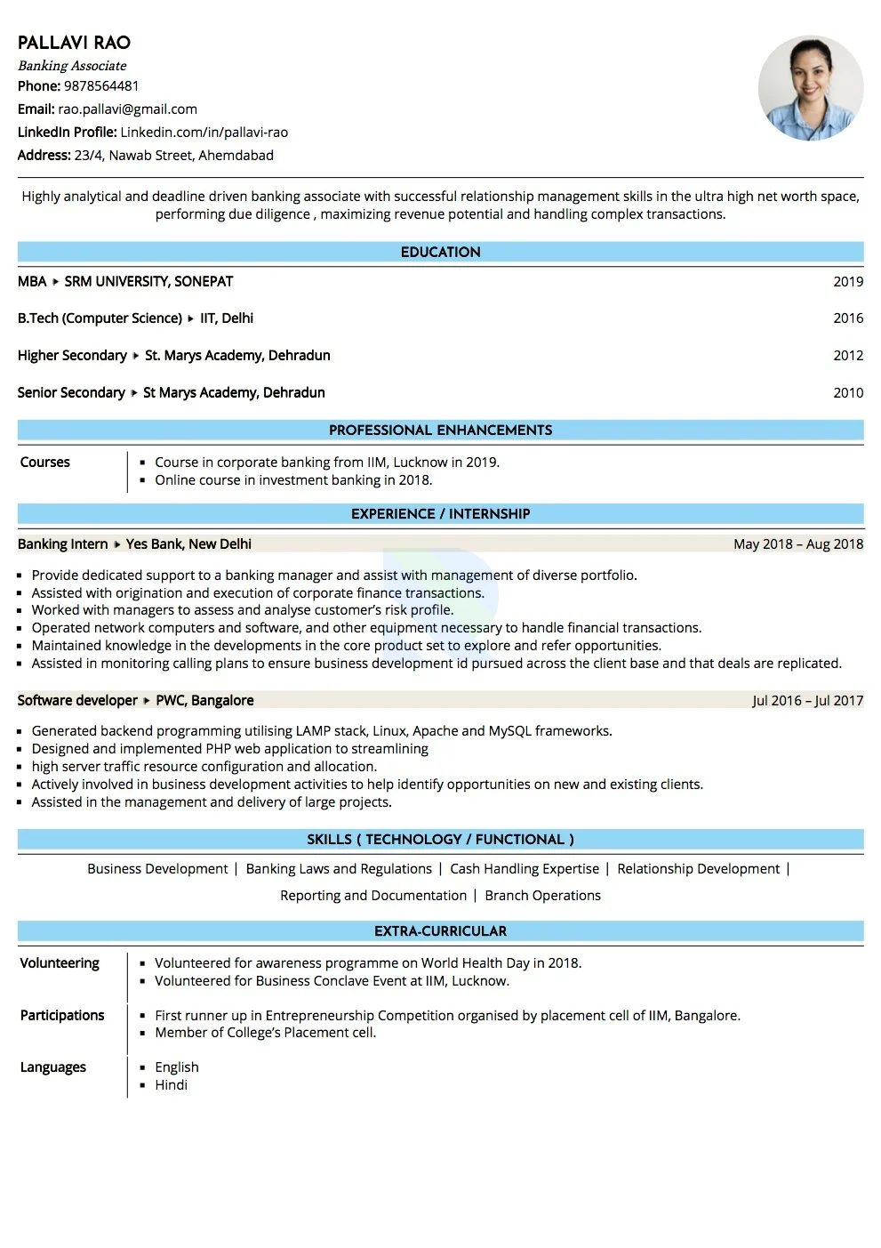 Sample Resume of Banking Associate  | Free Resume Templates & Samples on Resumod.co