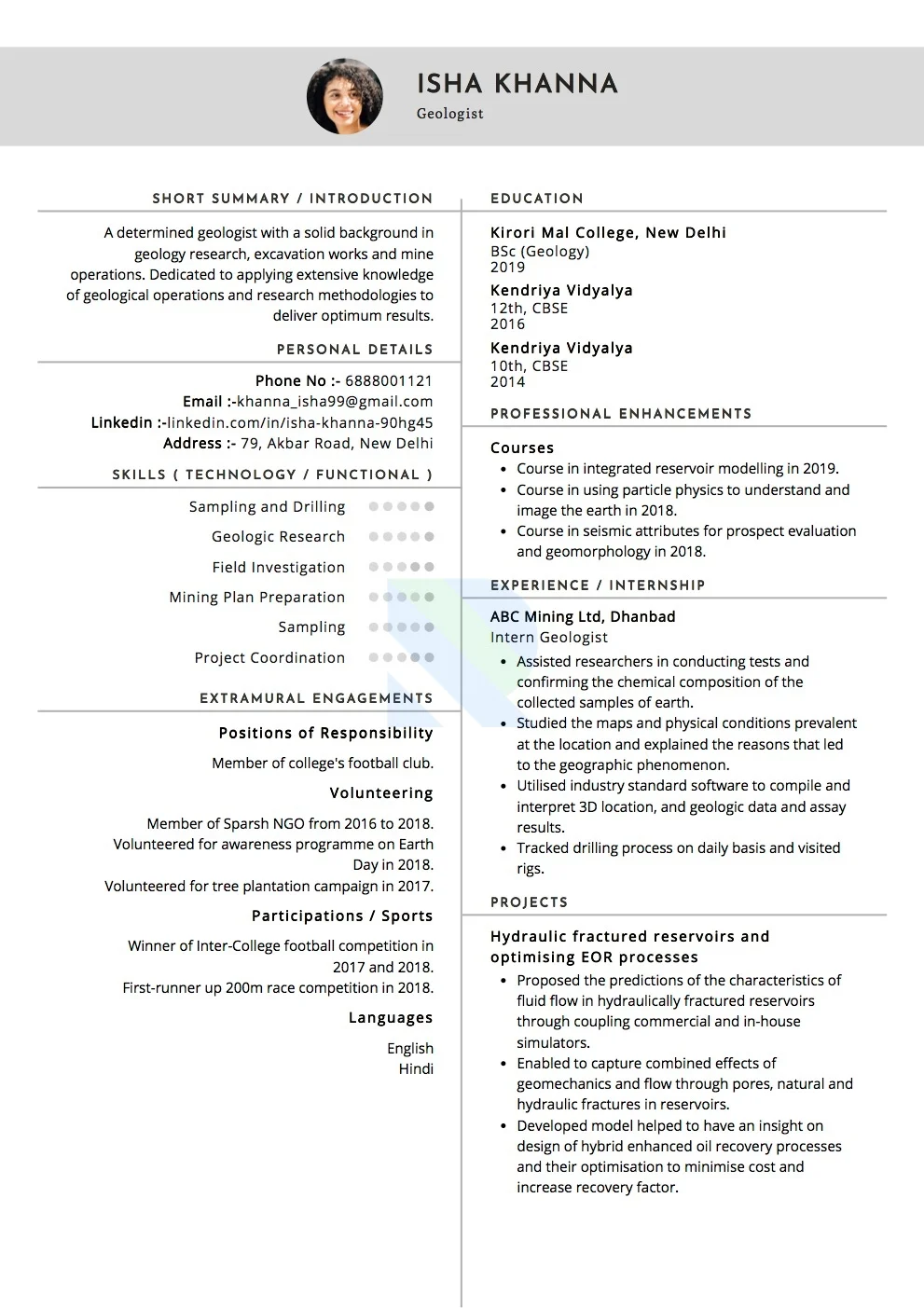 Sample Resume of Geologist | Free Resume Templates & Samples on Resumod.co