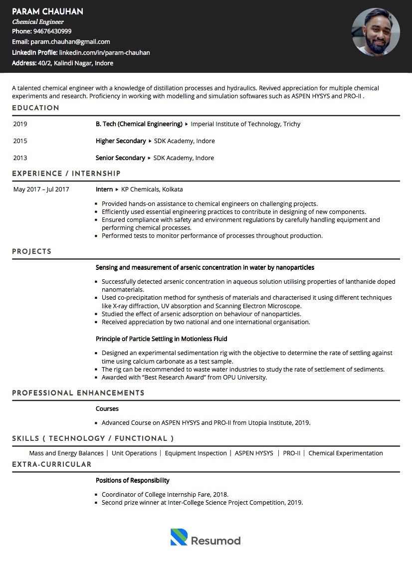 Sample Resume of Chemical Engineer | Free Resume Templates & Samples on Resumod.co