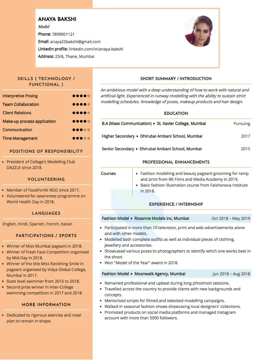 Sample Resume of Model | Free Resume Templates & Samples on Resumod.co