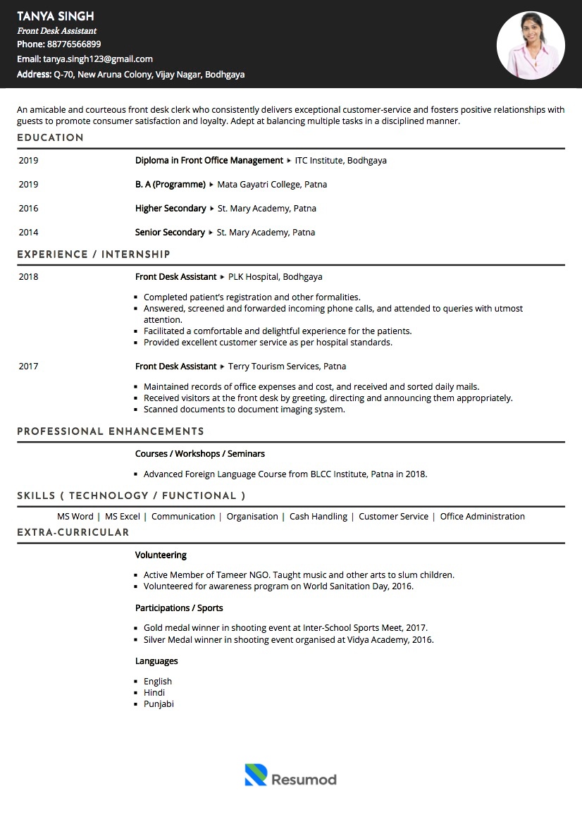 Sample Resume of Front Desk Executive | Free Resume Templates & Samples on Resumod.co
