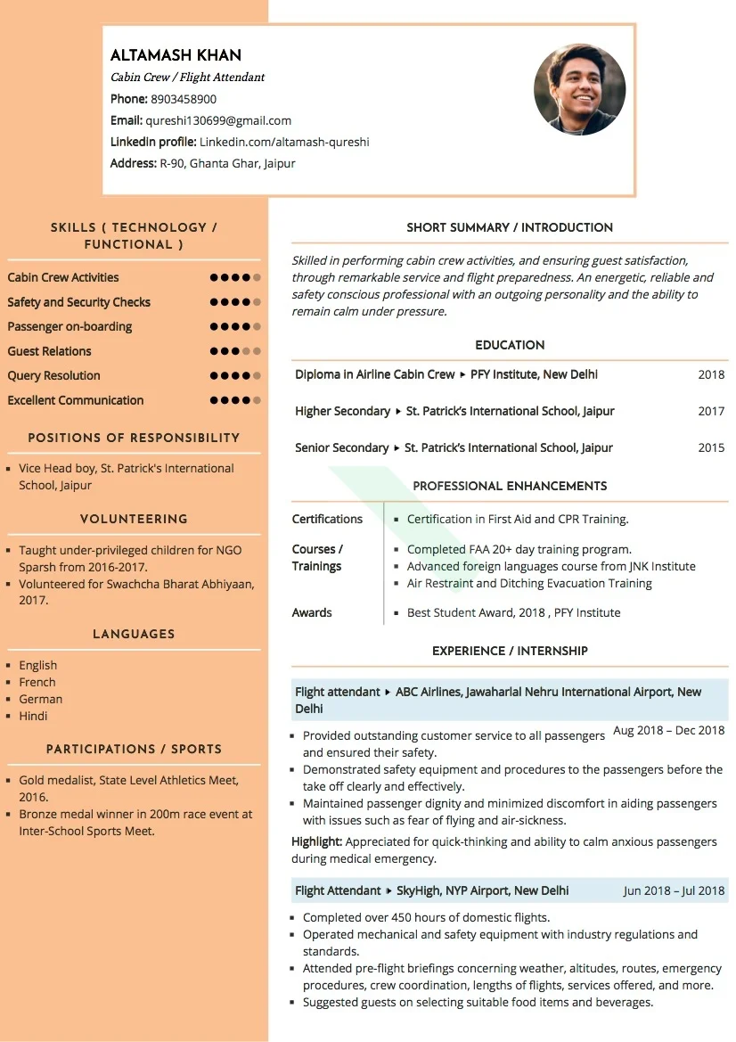 Sample Resume of Cabin Crew | Free Resume Templates & Samples on Resumod.co