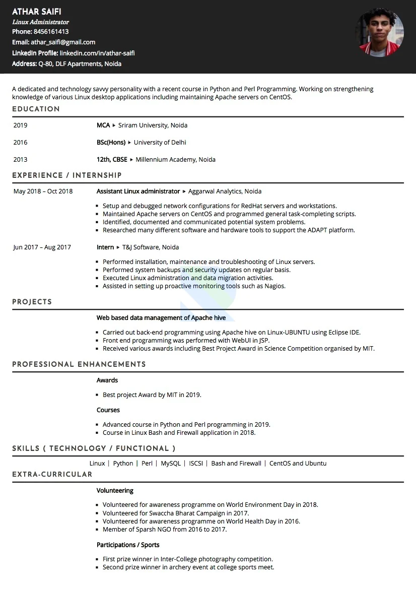 Sample Resume of Linux Administrator | Free Resume Templates & Samples on Resumod.co