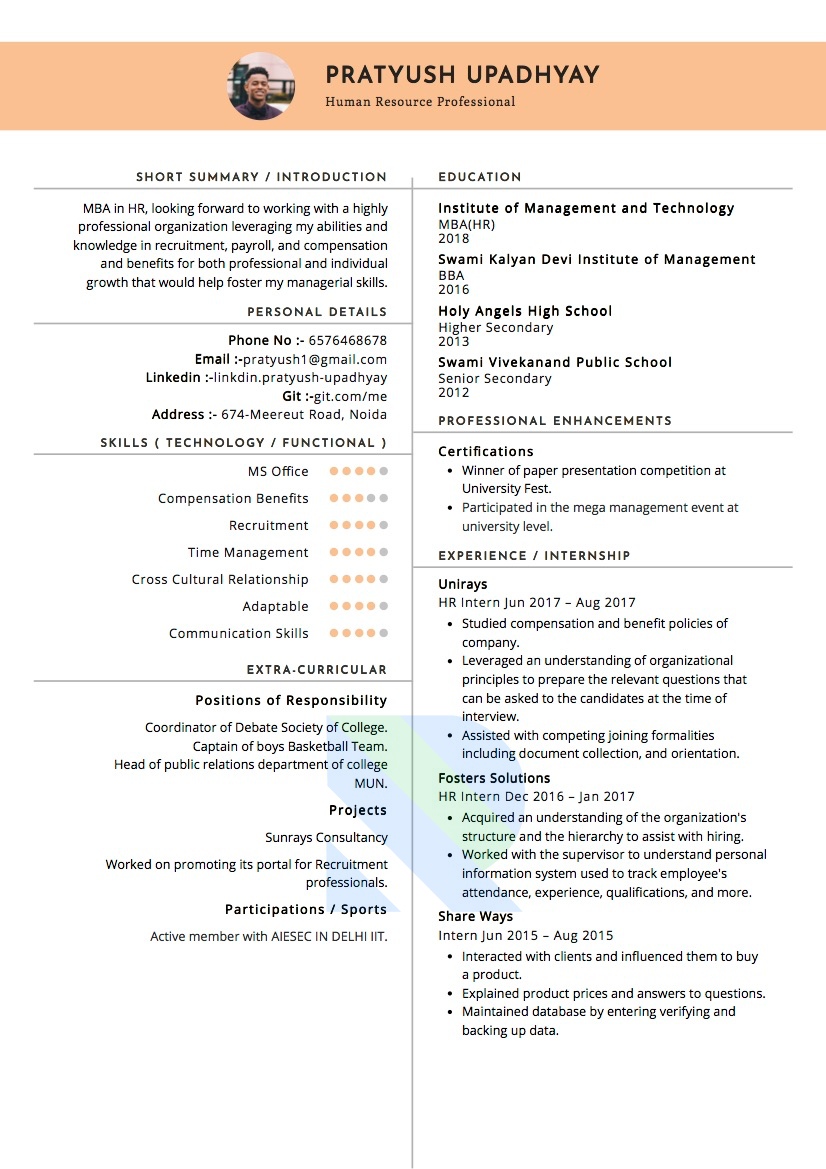 Sample Resume of HR Intern | Free Resume Templates & Samples on Resumod.co