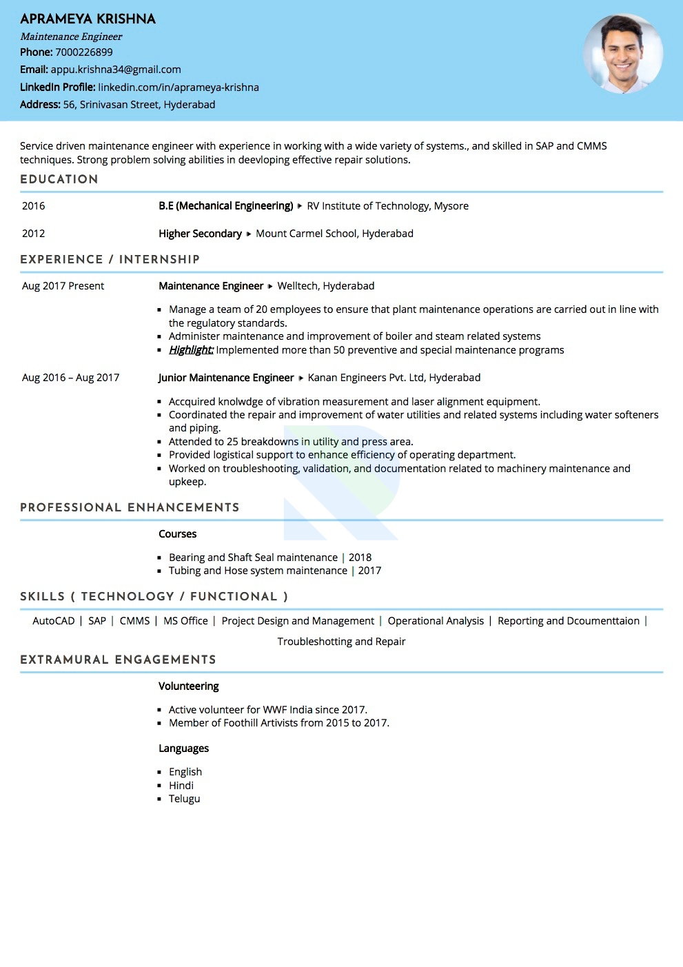Sample Resume of Maintanance Engineer | Free Resume Templates & Samples on Resumod.co