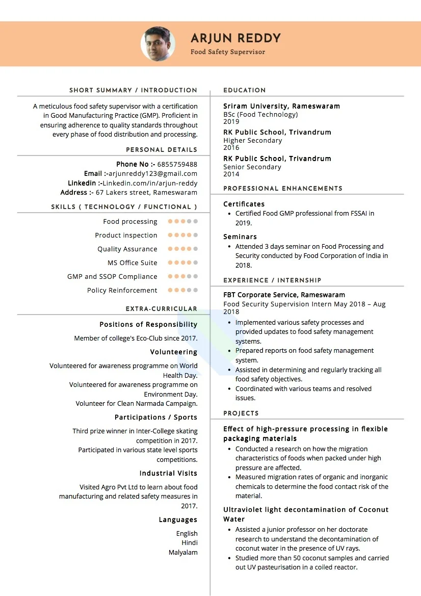 Sample Resume of Food Safety Inspector | Free Resume Templates & Samples on Resumod.co