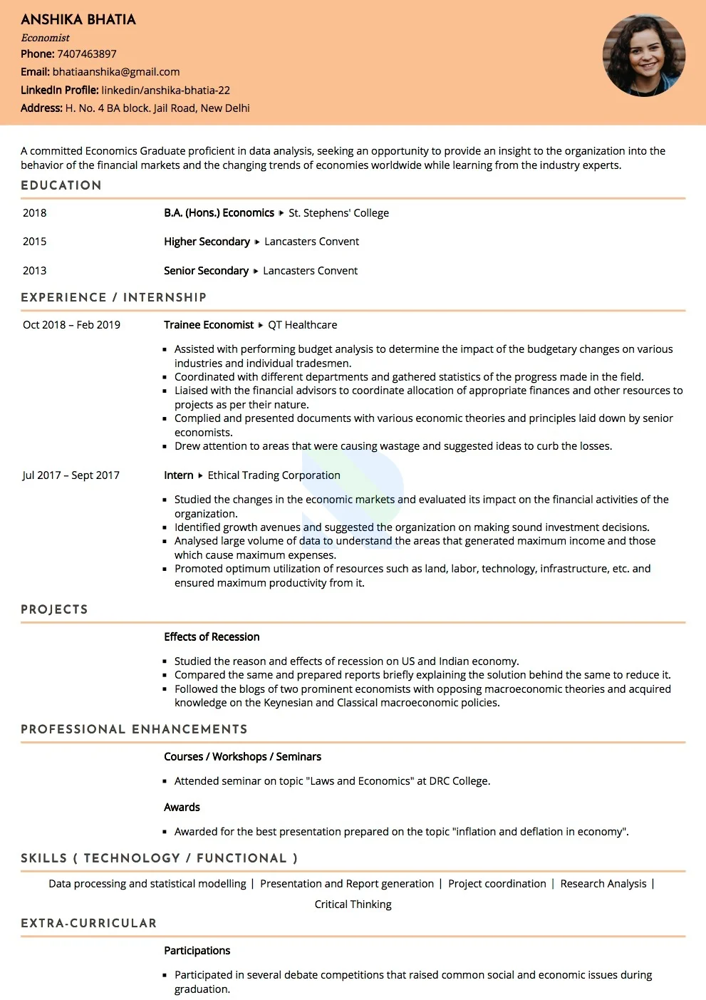 Sample Resume of Economist  | Free Resume Templates & Samples on Resumod.co