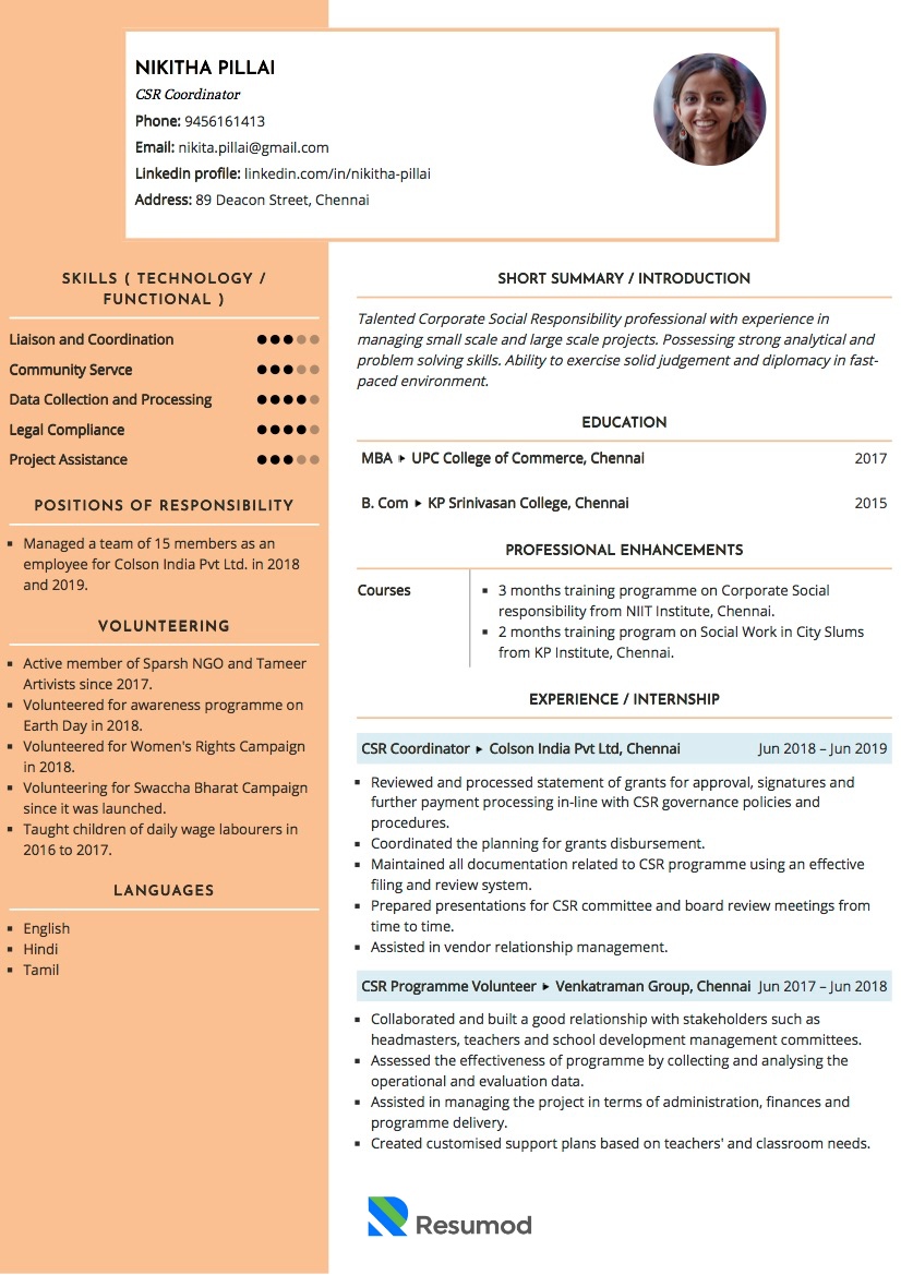Sample Resume of CSR Professional | Free Resume Templates & Samples on Resumod.co